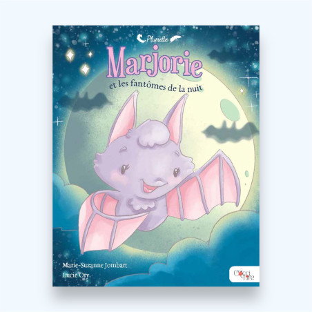 Marjorie (une chauve souris) et les fantômes de la nuit avec une pleine lune en fond