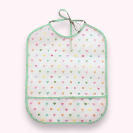 Bavoir transparent imperméable menthe cœurs multicolores Bavoir transparent imperméable menthe cœurs multicolores