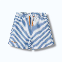 Short de bain de face rayé bleu et crème