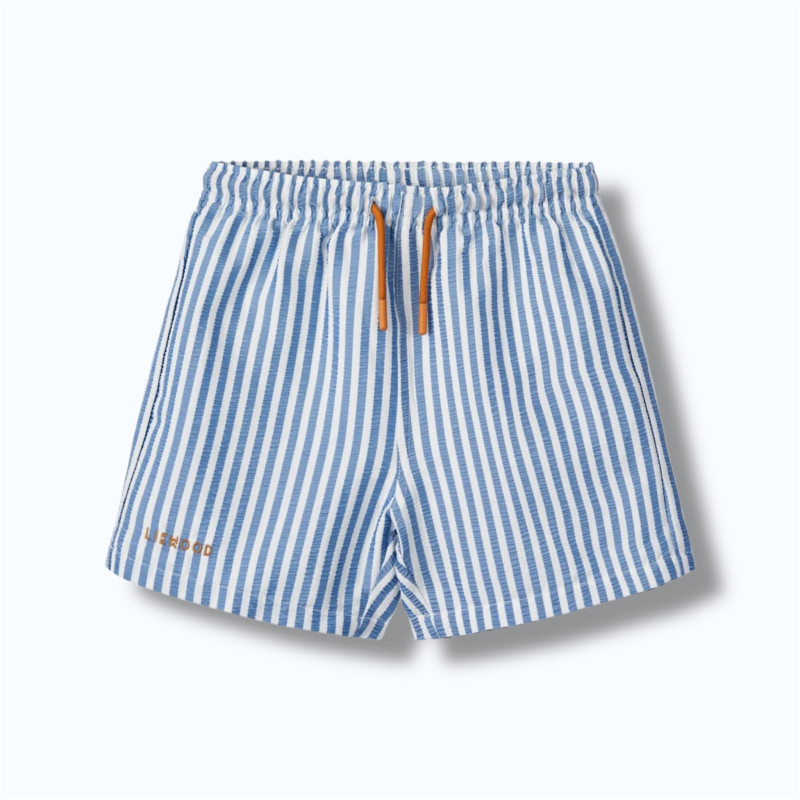 Short de bain de face rayé bleu et crème