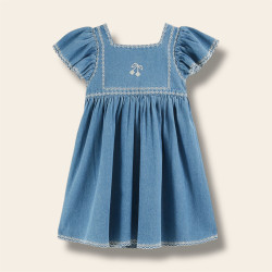 Robe brodée denim light de face