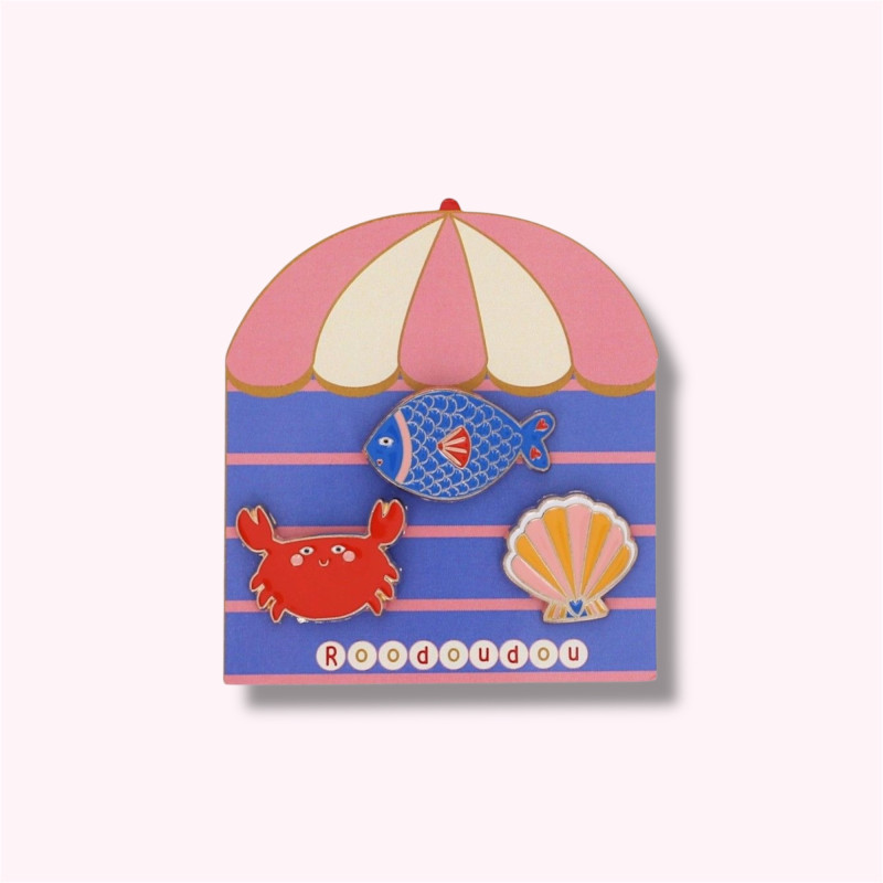 Lot de 3 pin's coquillage crabe et poisson - Trouville de face