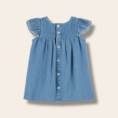 Robe bébé brodée denim clair de dos Robe bébé brodée denim clair de dos