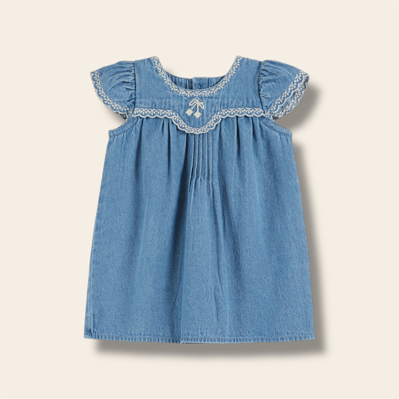 Robe bébé brodée denim clair de face