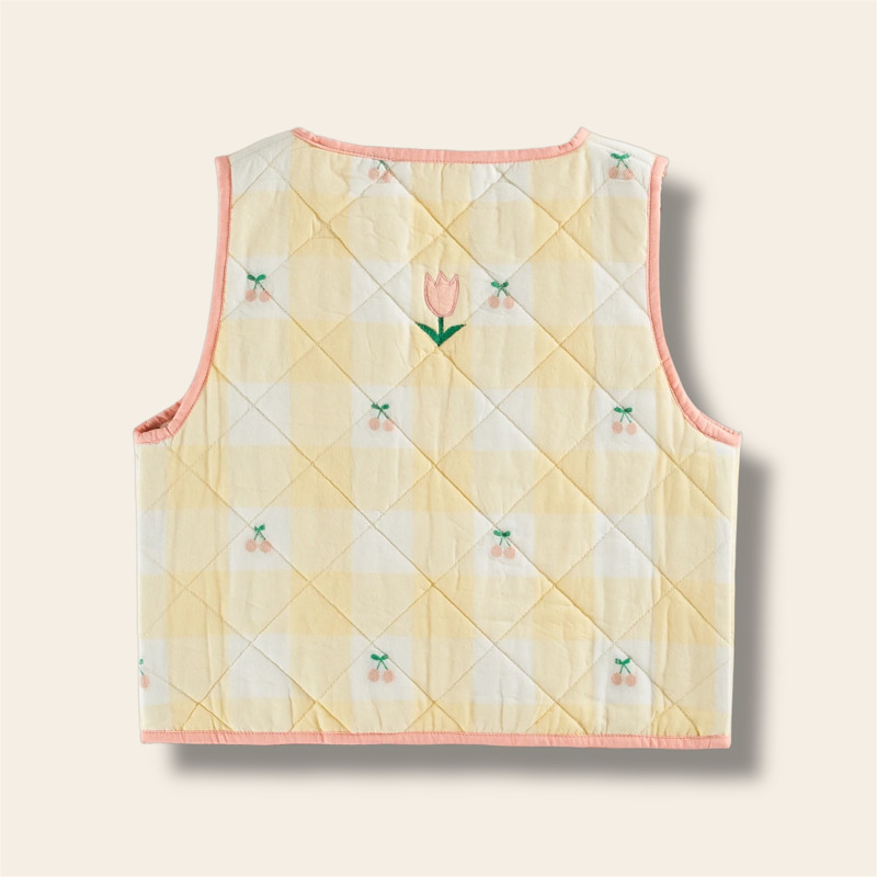 Veste sans manches matelassée vichy jaune de dos