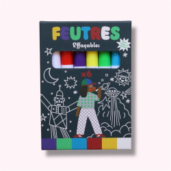 boîte 6 feutres : blanc, rouge, violet, jaune, vert et bleu