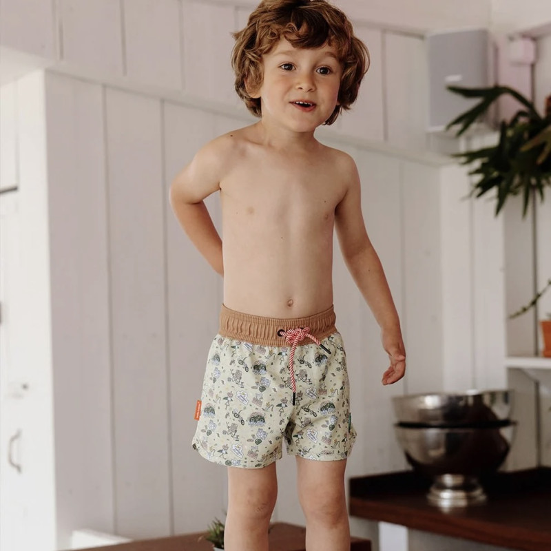 Short de bain Mountain Ride Hello Hossy vert anti-UV pour enfants