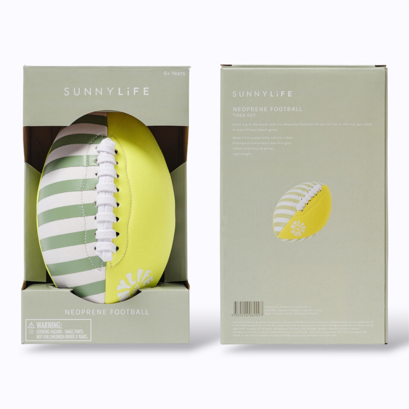 Ballon de football américain jaune, vert rayé blanc dans sa boite