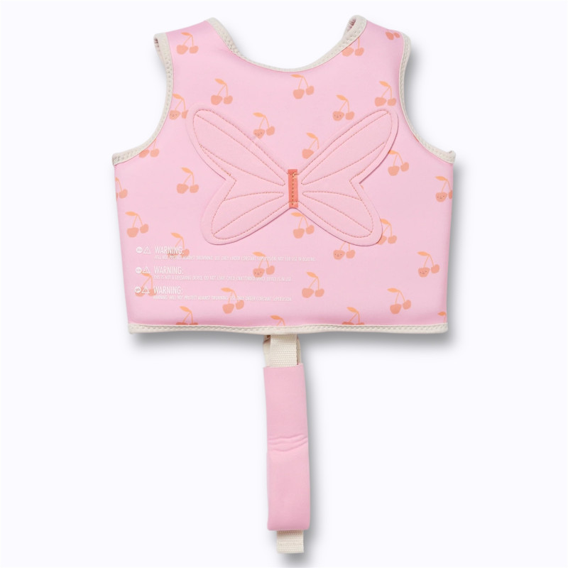 gilet rose à motifs cerises et papillon dans le dos