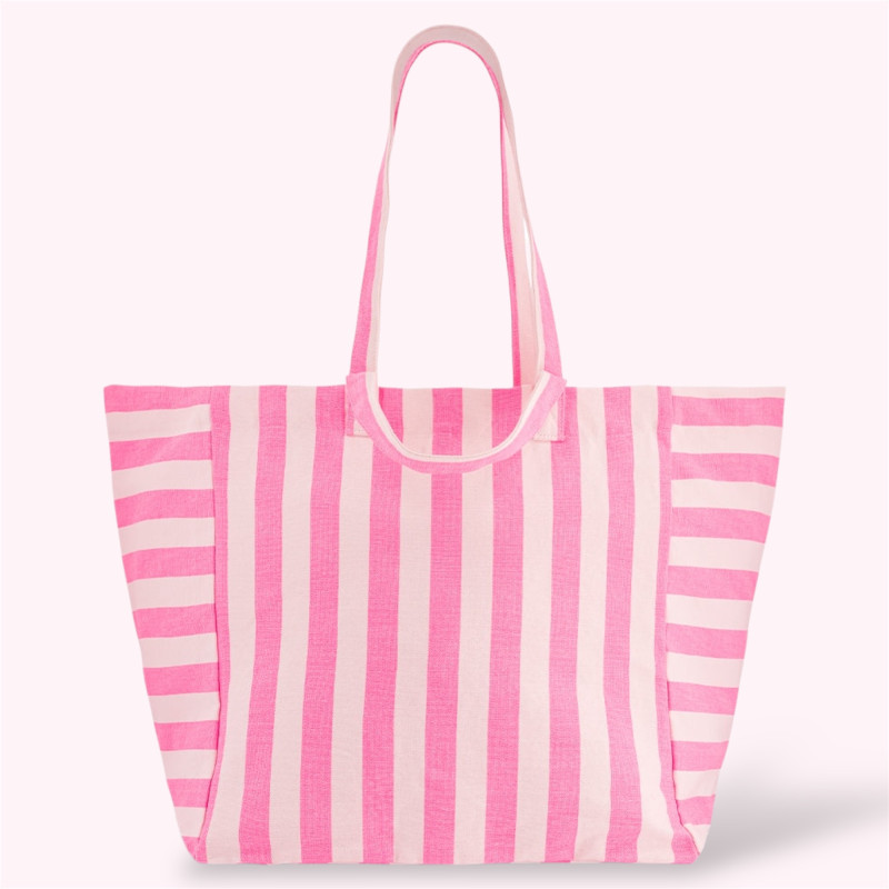 Grand sac cabas à rayures rose fluo et blanc