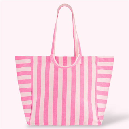 Grand sac cabas à rayures rose fluo et blanc Grand sac cabas à rayures rose fluo et blanc