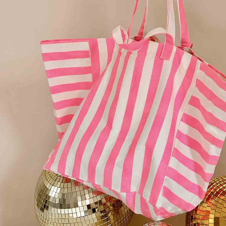 Grand sac cabas à rayures rose fluo et blanc Grand sac cabas à rayures rose fluo et blanc