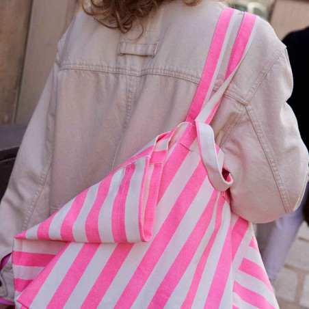 Grand sac cabas à rayures rose fluo et blanc Grand sac cabas à rayures rose fluo et blanc