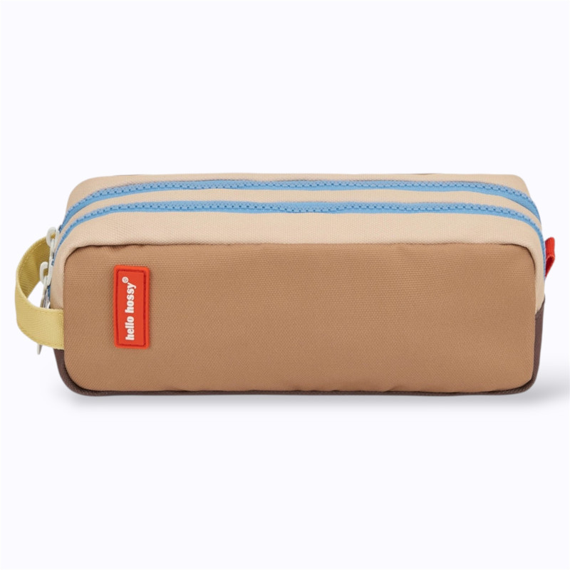 trousse scolaire deux zips marron, bleu et beige