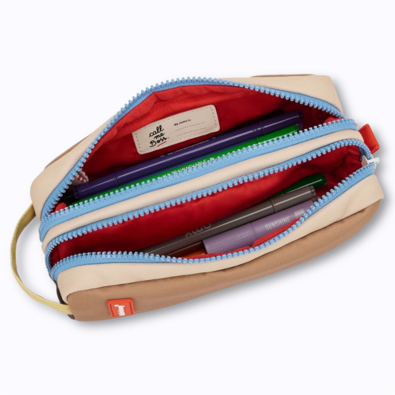 trousse scolaire deux zips marron, bleu et beige