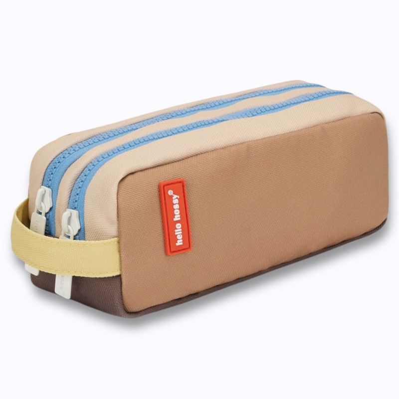 trousse scolaire deux zips marron, bleu et beige