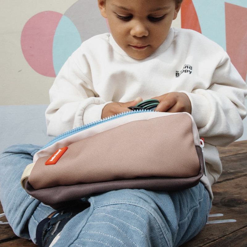 trousse scolaire deux zips marron, bleu et beige