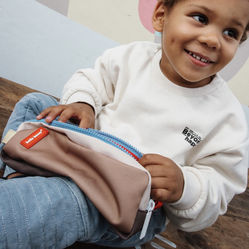 trousse scolaire deux zips marron, bleu et beige