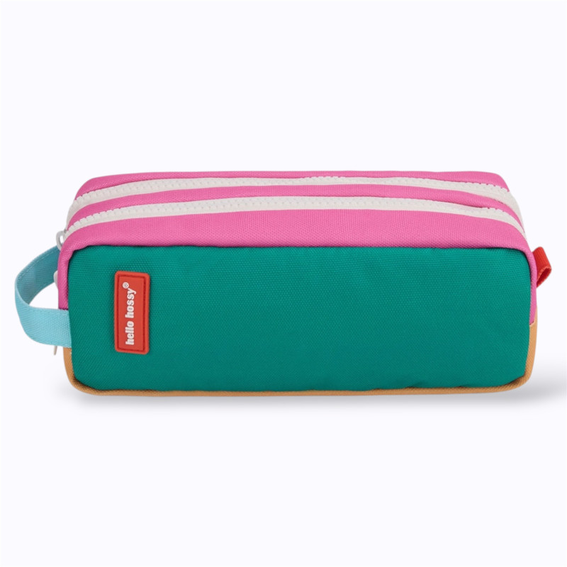 trousse double zip verte et rose avec anse