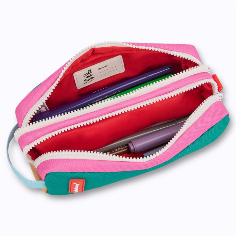 trousse double zip verte et rose avec anse doubure rouge