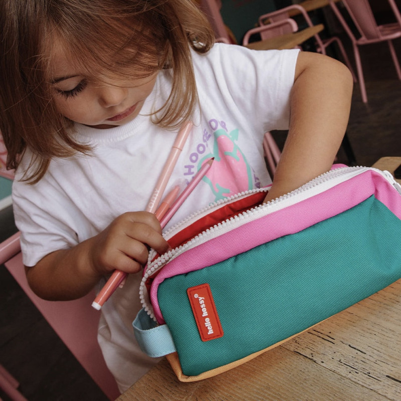 trousse double zip verte et rose avec anse doubure rouge
