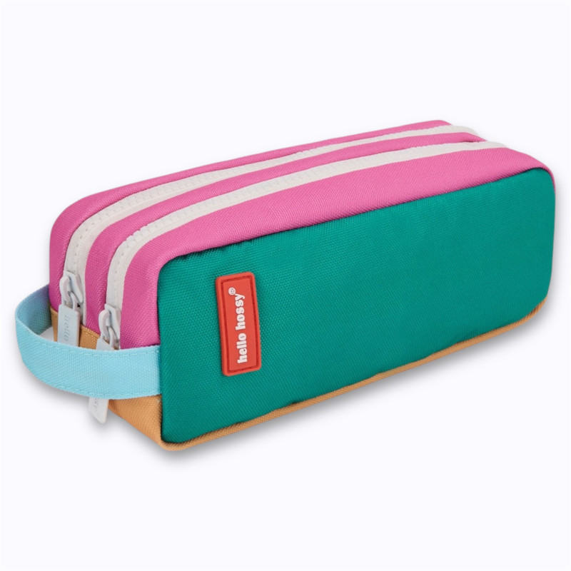 trousse double zip verte et rose avec anse