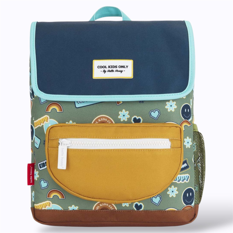 sac à dos bleu et vert sombre à motif  à motif smiley et imprimés, coloré, attachant, unisexe, passe-partout.