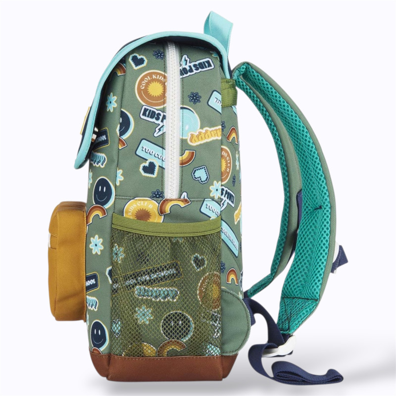 sac à dos bleu et vert sombre à motif  à motif smiley et imprimés, coloré, attachant, unisexe, passe-partout.