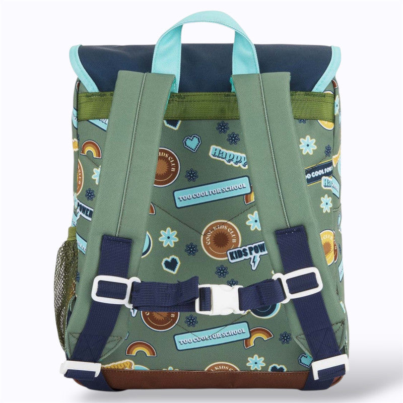 sac à dos bleu et vert sombre à motif  à motif smiley et imprimés, coloré, attachant, unisexe, passe-partout.