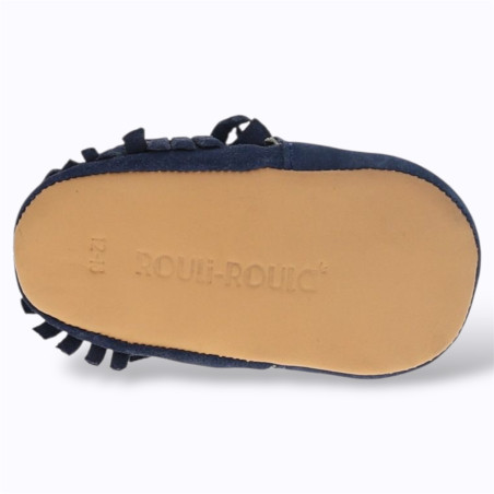 Chaussons bébé Frangette bleu Le Petit Souk en cuir souple avec franges