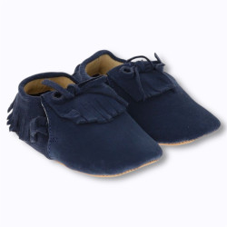 Chaussons bébé Frangette bleu Le Petit Souk en cuir souple avec franges