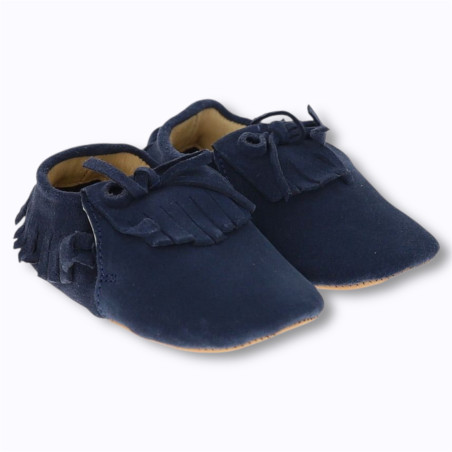Chaussons bébé Frangette bleu Le Petit Souk en cuir souple avec franges