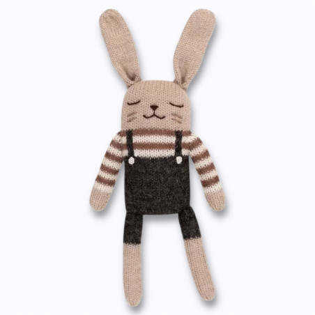 Doudou lapin salopette ardoise Main Sauvage en laine d’alpaga