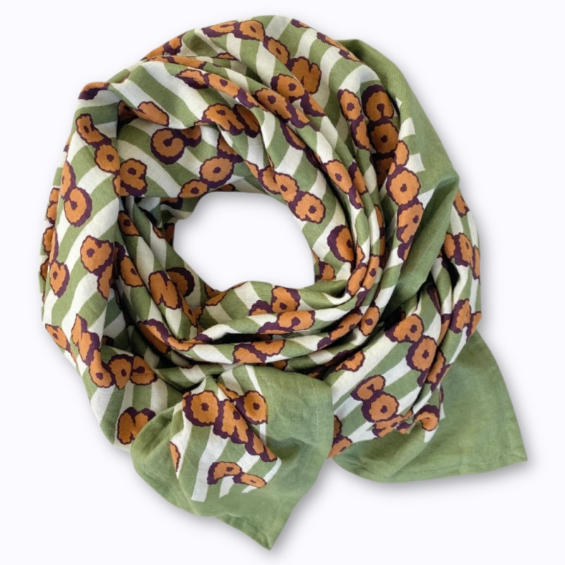 Big Foulard Latika Pop Corn Olive Apaches coton bio imprimé artisanal