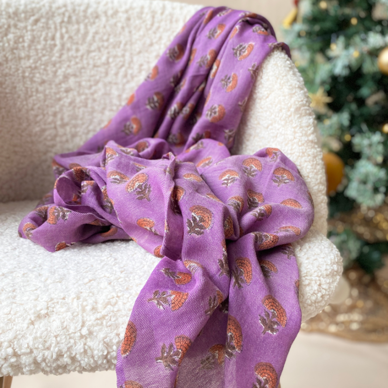 Foulard en laine Anisha Florets Apaches imprimé floral purple artisanal
