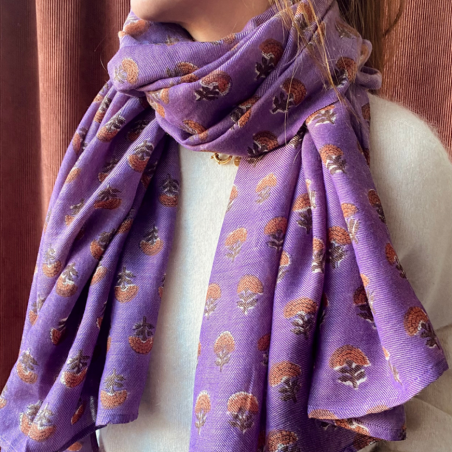 Foulard en laine Anisha Florets Apaches imprimé floral purple artisanal
