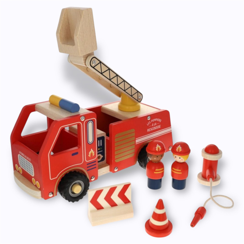 Camion de pompiers en bois rouge Le Petit Souk avec échelle articulée