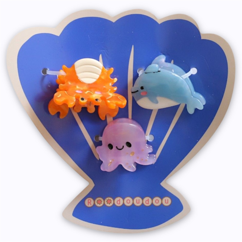 Lot de 3 pinces cheveux enfant crabe dauphin poulpe accessoires cheveux